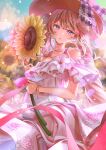  1girl absurdres artist_logo bead_bracelet beads blonde_hair blue_eyes blue_gemstone blurry blurry_background bow bracelet cloud collarbone dress drill_hair fate/grand_order fate_(series) flower gem hat hat_bow highres holding holding_flower jewelry long_hair marie_antoinette_(fate) parted_lips pink_ribbon plaid plaid_bow red_gemstone ribbon shell_hair_ornament sky solo sun_hat sunflower totomiya white_dress white_flower yellow_flower 