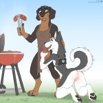  1:1 2023 anthro anus apron apron_only black_body black_fur blue_eyes bottomless brown_body brown_fur canid canine canis clothed clothing cooking_tongs crop_top crop_top_only dachshund day domestic_dog duo eye_contact female flat_chested food fur genitals grass green_eyes grill hana_(jishinu) hand_on_head hi_res hunting_dog husky jishinu kitchen_utensils kneeling_oral_position leg_grab looking_at_another looking_at_partner looking_down looking_down_at_partner looking_up looking_up_at_partner male male/female mammal meat multicolored_body multicolored_fur nordic_sled_dog open_mouth outside_sex penis penis_grab plant pussy sausage shirt spitz standing tongs tools topwear topwear_only white_body white_fur 