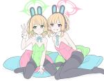  2girls animal_ear_headphones animal_ears arms_behind_back bare_shoulders black_pantyhose blonde_hair blue_archive blue_bow blue_bowtie blue_necktie blush bow bowtie closed_mouth detached_collar english_commentary fake_animal_ears fake_tail flat_chest flat_color green_bow green_eyes green_halo green_leotard grin hair_bow halo hand_up headphones leotard looking_at_viewer masabodo midori_(blue_archive) momoi_(blue_archive) multiple_girls necktie no_shoes pantyhose parted_bangs pink_bow pink_eyes pink_halo pink_leotard playboy_bunny rabbit_ear_headphones rabbit_tail short_hair siblings simple_background sisters sitting smile split_mouth strapless strapless_leotard tail thighband_pantyhose twins v wariza white_background white_wrist_cuffs wrist_cuffs yokozuwari 