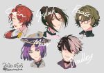  5boys aqua_eyes black_hair black_ribbon bradley_bain cain_knightley character_name closed_eyes collared_shirt cross cross_necklace earrings faust_lavinia glasses grey_background grey_hair hat highres jewelry light_brown_hair long_hair looking_at_viewer mahoutsukai_no_yakusoku male_focus multicolored_hair multiple_boys murr_hart neck_ribbon necklace necktie open_mouth pink_shirt piza-chan ponytail profile purple_eyes purple_hair red_eyes red_hair ribbon scar scar_on_face shirt short_hair shylock_bennett wavy_hair white_shirt witch_hat yellow_necktie 