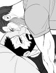  2boys bara beard_stubble bonjourdraws character_request couple eye_contact foreplay from_side greyscale highres imminent_kiss looking_at_another lying male_focus mature_male monochrome multiple_boys muscular muscular_male mustache_stubble neckbeard on_back on_bed pillow seductive_smile shirt short_hair smile t-shirt thick_eyebrows thick_mustache upper_body wrinkled_skin yaoi 