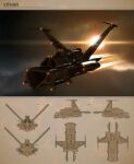  3d absurdres battlecruiser_(eve_online) blueprint_(medium) brown_theme commentary concept_art eve_online feenposhleen flying from_side glowing highres military_vehicle minmatar_republic_(eve_online) multiple_views no_humans original outdoors reference_sheet science_fiction sky solar_panel space spacecraft star_(sky) starry_sky tech_2_ship_(eve_online) thrusters vehicle_focus 