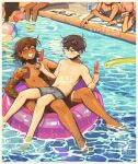  2boys 4girls arm_tattoo artist_name aubrey_(omori) barefoot black_eyes black_hair blush bright_pupils brown_hair closed_eyes collarbone dark-skinned_male dark_skin food highres holding holding_food holding_popsicle innertube kel_(omori) long_hair looking_at_another lying male_focus male_swimwear multiple_boys multiple_girls navel nipples omori on_back open_mouth pink_hair pool_noodle popsicle smile spoilers sunny_(omori) swim_trunks tattoo topless_male white_pupils zipsunz 