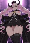  1girl afrobull black_horns black_thighhighs blush bottomless breasts breasts_out clothes_lift gloves grin highres horns large_breasts long_hair looking_at_viewer master_detective_archives:_rain_code nipples no_panties patreon_username pink_eyes pink_hair pussy shinigami_(rain_code) skirt skirt_lift smile solo thighhighs twintails uncensored upskirt 