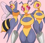  absurd_res anthro beedrill biped black_body blue_body breasts cleavage clothed clothing female generation_1_pokemon hi_res idolomantises nintendo pink_background pink_eyes pokemon pokemon_(species) pseudo_clothing red_sclera simple_background solo yellow_body 