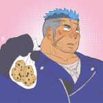  1boy averting_eyes bara beard beard_stubble blue_hair blush chocolate_chip_cookie cookie cross_scar dark-skinned_male dark_skin dog_tags ei_(marutendon) facial_hair fang food highres incoming_gift large_pectorals live_a_hero male_focus mature_male multicolored_hair muscular muscular_male pectoral_cleavage pectorals scar scar_on_cheek scar_on_face scar_on_forehead short_hair shy sideburns solo stubble thick_eyebrows tusks two-tone_hair undercut valentine yoshiori_(live_a_hero) 