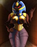  2023 4:5 anthro big_breasts breasts clothed clothing cofagrigus covering covering_breasts digital_media_(artwork) digital_painting_(artwork) dress egyptian female generation_5_pokemon ghost hand_on_hip hi_res looking_at_viewer nintendo not_furry paradoxing pokemon pokemon_(species) red_eyes signature solo spirit standing topless wide_hips 
