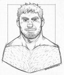  1boy bara beard check_copyright chest_hair copyright_request cropped_torso facial_hair greyscale growlygruntz hairy highres large_pectorals looking_at_viewer male_focus monochrome muscular muscular_male mustache nude original pectorals short_hair sketch smile solo stubble thick_eyebrows 