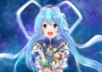  1girl :d blue_hair bouquet cable chisz4 commentary_request eyelashes eyes_visible_through_hair floating_hair green_eyes hair_between_eyes hair_ribbon highres holding holding_bouquet hoshino_yumemi junk light_blush long_hair long_ribbon looking_at_viewer low_twintails night open_mouth planetarian ribbon robot_ears round_teeth sky smile solo star_(sky) starry_sky straight-on teeth twintails upper_body upper_teeth_only very_long_hair white_ribbon 