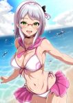  1girl beach bikini bikini_skirt black_choker breasts choker day front-tie_bikini_top front-tie_top glasses goddess_of_victory:_nikke green_eyes highleg highleg_bikini highres kurisutorisu looking_at_viewer navel neon_(blue_ocean)_(nikke) neon_(nikke) ocean official_alternate_costume open_mouth outdoors pink_ribbon pink_skirt pleated_skirt ribbon side-tie_bikini_bottom sitting skirt smile swimsuit teeth thighs upper_teeth_only wet white_hair 