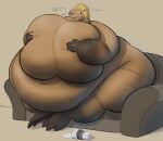  3_toes 5_fingers 8762e13 absurd_res anthro belly big_breasts blonde_hair blush breast_grab breast_squish breasts capybara caviid feet female fingers food furniture hair hand_on_breast hi_res huge_breasts hyper hyper_breasts mammal navel nippleless overweight overweight_female paws rodent shaded simple_background sitting sofa solo squish text thick_thighs toes weight_gain 