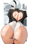  1girl 2b_(nier:automata) absurdres ass back_cutout black_blindfold black_hairband blindfold border cameltoe clothing_cutout cromwellb from_behind hairband highres leaning_forward leotard looking_back nier:automata nier_(series) parted_lips short_hair solo white_border white_hair 
