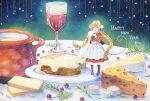  1girl animal_ears blonde_hair blue_eyes boots braid bread cake cheese cup dated dress drink eating food garnish happy_new_year mouse_ears mouse_girl mouse_tail nengajou new_year on_table original plate red_dress skirt sora_ivy standing table tail twin_braids 