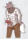  abs anthro big_penis blush bodily_fluids breath canid canine canis claws clothed clothing fan_character genital_fluids genitals huge_penis male mammal masturbation muscular panting partially_clothed penis precum scar scruffy solo sweat wolf zixzs-redlight 