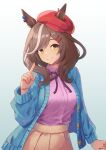  1girl alternate_costume animal_ears blue_sweater breasts brown_hair cabbie_hat casual commentary ears_through_headwear hair_ornament hairclip hat herfstijl highres horse_ears long_sleeves looking_at_viewer matikane_tannhauser_(umamusume) medium_breasts medium_hair multicolored_hair official_alternate_costume pink_shirt pointing pointing_at_self shirt simple_background smile solo streaked_hair sweater umamusume white_background 