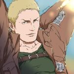  1boy arms_behind_head bara blonde_hair chest_belt isomine jacket leather leather_jacket looking_at_viewer male_focus paradis_military_uniform pectorals reiner_braun sanpaku shingeki_no_kyojin short_hair smug solo toned toned_male upper_body 