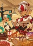 2girls absurdres apple_pie aqua_hair arm_up beret black_gloves blonde_hair blush cake chocolate chocolate_cake closed_mouth commentary covered_navel elbow_gloves english_commentary facing_viewer fingerless_gloves food fork fruit gloves greentanuki hair_between_eyes hands_on_own_hips hat highres holding holding_fork holding_knife knife long_hair looking_at_object looking_down multicolored_hair multiple_girls nina_(moutama) open_mouth original pancake parfait pie red_eyes red_hair shirt short_hair short_sleeves smile strawberry swiss_roll twintails two-tone_hair white_hair white_headwear white_shirt wrist_cuffs 