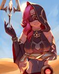  1girl arm_guards blindfold blue_sky breasts circlet commentary covered_navel desert detached_sleeves drill_hair elbow_gloves eremite_scorching_loremaster_(genshin_impact) genshin_impact gloves highres hip_vent hood large_breasts parted_lips pink_hair ronillust sand single_arm_guard single_elbow_glove sky smile solo sun upper_body 