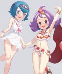  2girls acerola_(pokemon) acerola_(sygna_suit)_(pokemon) arm_up armlet blue_eyes blue_hair bracelet bright_pupils commentary_request dress flipped_hair flower gazing_eye grey_background hair_flower hair_ornament hairband highres holding_hands jewelry knees lana_(pokemon) lana_(sygna_suit)_(pokemon) leg_up looking_at_viewer looking_down medium_hair multiple_girls navel neckerchief necklace no_sclera official_alternate_costume panties pink_hairband pink_neckerchief pokemon pokemon_(game) pokemon_masters_ex purple_hair red_flower sailor_collar sandals shirt short_hair simple_background sleeveless sleeveless_shirt sweatdrop topknot underwear white_dress white_panties white_pupils white_sailor_collar white_shirt 