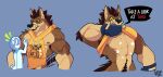  absurd_res anthro armpit_hair body_hair bottomless canid canine casual_nudity cationalfa clothed clothing derris happy_trail hi_res male mammal muscle_shirt muscular pec_grab solo undressing were werecanid werecanine werewolf 