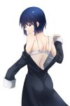  1girl ass blue_eyes blue_hair blush bra breasts ciel_(tsukihime) commentary_request dress from_behind highres long_sleeves looking_at_viewer medium_breasts nervous official_alternate_costume short_hair solo tsukihime tsukihime_(remake) underwear undressing vent_vert_(kuuya) white_background white_bra 