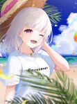  1girl beach brown_headwear grey_hair gyuentec hat highres long_hair nijisanji one_eye_closed open_mouth palm_tree purple_eyes shiina_yuika shirt short_sleeves smile solo straw_hat t-shirt tree virtual_youtuber white_shirt 