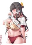  1girl alternate_costume bangs black_hair blush bra breasts buruma cameltoe cleavage clothes_lift collarbone colored_inner_hair cropped_legs ebifurya gym_shirt heavy_breathing highres kantai_collection large_breasts lifted_by_self long_hair looking_at_viewer looking_to_the_side multicolored_hair naganami_(kancolle) navel panties panty_peek pink_hair red_buruma shirt shirt_lift short_sleeves simple_background solo sweat twitter_username underwear white_background white_shirt yellow_bra yellow_eyes yellow_panties 
