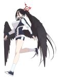  bird_wings black_hair black_wings blue_archive blue_footwear breasts choker closed_eyes exasperation full_body gym_shorts gym_uniform hair_between_eyes halo hasumi_(blue_archive) highres jacket large_breasts long_bangs long_hair open_mouth ponytail running shirt shorts socks sweat ult_one very_long_hair white_background white_shirt white_socks wings 