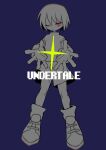  1other blue_background copyright_name frisk_(undertale) full_body highres long_sleeves menma_(enaic31) monochrome one_eye_closed reaching reaching_towards_viewer red_eyes shoes short_hair simple_background sneakers socks solo sparkle spot_color undertale 