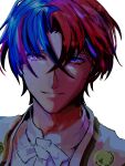  1boy alear_(fire_emblem) alear_(male)_(fire_emblem) blue_eyes blue_hair crossed_bangs fire_emblem fire_emblem_engage hair_between_eyes heterochromia highres looking_at_viewer male_focus multicolored_hair portrait red_eyes red_hair short_hair smile solo split-color_hair syn_deli two-tone_hair white_background 