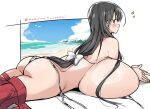  1girl animal_print ass beach bikini_removed black_hair breast_press breasts cow_print gigantic_breasts highres iwato_kasumi long_hair looking_at_viewer lying momoiro_tunozemi on_stomach ribbon saki watermark 