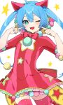  1girl animal_ears back_bow blue_eyes blue_hair bow bowtie cat_ears cowboy_shot double-parted_bangs dress frilled_dress frills hair_between_eyes hatsune_miku index_finger_raised long_hair looking_at_viewer mmo!!!! pom_pom_(clothes) project_sekai red_bow red_bowtie red_dress red_thighhighs sidelocks simple_background solo sparkling_eyes star_(symbol) star_cutout star_print thighhighs twintails very_long_hair vocaloid white_background wonderlands_x_showtime_miku 