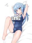  1girl absurdres arms_behind_back barefoot blue_hair blue_one-piece_swimsuit breasts character_name cowboy_shot dated hair_ribbon highres i-19_(kancolle) kantai_collection large_breasts long_hair looking_at_viewer lying maru_(marg0613) name_tag one-hour_drawing_challenge one-piece_swimsuit red_eyes ribbon school_swimsuit solo star-shaped_pupils star_(symbol) swimsuit symbol-shaped_pupils twitter_username white_background 