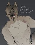 absurd_res anthro biped blue_eyes canid canine canis clothed clothing dialogue english_text front_view glacierclear grey_background grey_body hi_res inner_ear_fluff leon_kennedy_(resident_evil) licking licking_lips male mammal muscular open_mouth scar simple_background solo text tongue tongue_out topless tuft wolf 