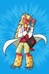  abstract_background anthro bag blaziken blue_background blue_eyes bottomwear clothing coat eyewear feathers generation_3_pokemon glasses jude_maxwell kymsnowman lab_coat logo male nintendo pokedex pokemon pokemon_(species) red_body red_clothing red_feathers red_shirt red_topwear shirt shorts simple_background smile smirk solo solo_focus tail_feathers talons topwear white_clothing white_topwear yellow_body yellow_bottomwear yellow_clothing yellow_feathers yellow_shorts 