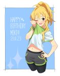  1girl black_leggings blonde_hair blue_background blush border clothes_lift dated green_eyes green_shirt grey_shorts gulim hand_on_own_hip hand_up happy_birthday highres hoshii_miki idolmaster idolmaster_(classic) leggings long_hair midriff_peek navel one_eye_closed open_mouth outside_border ponytail shirt shirt_lift short_shorts shorts sidelocks solo sparkle sweat two-tone_shirt white_border white_shirt wiping_face wiping_sweat wristband 