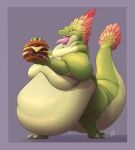  2023 ambiguous_gender anthro belly big_belly burger digital_media_(artwork) draconder dragon dragontzin_(character) eating eating_food food hi_res morbidly_obese morbidly_obese_ambiguous morbidly_obese_anthro neck_rolls obese obese_ambiguous obese_anthro overweight overweight_ambiguous overweight_anthro purple_background signature simple_background solo tail thick_tail weight_gain 