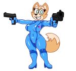  acstlu anthro bodysuit boots brown_body brown_fur canid canine clothing crossgender dual_wielding female footwear fox fox_mccloud frown_eyebrows fur green_eyes gun hi_res holding_object holding_weapon looking_at_viewer mammal nintendo ranged_weapon simple_background skinsuit smile solo star_fox tail teeth tight_clothing weapon 
