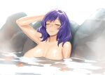  1girl breasts closed_eyes closed_mouth collarbone commentary_request hand_on_own_head large_breasts leaf medium_hair nude onsen partially_submerged purple_hair ranma_(kamenrideroz) short_hair solo touhou water wet yasaka_kanako 