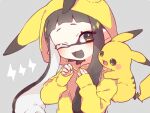  1girl :d black_eyes black_hair colored_skin commentary dot_nose eyelashes grey_background hood hoodie inkling inkling_girl inuowour lightning_bolt_symbol long_hair one_eye_closed open_mouth pikachu pikachu_hood pokemon pokemon_(creature) simple_background smile splatoon_(series) symbol-only_commentary tail tentacle_hair upper_body yellow_hoodie yellow_skin 