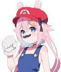  1girl animal_ears bare_shoulders black_bow black_choker blue_eyes blue_hair bow cabbie_hat choker closed_mouth collarbone commentary_request cosplay fake_facial_hair fake_mustache gloves hair_between_eyes hair_bow hand_up hat highres indie_virtual_youtuber long_hair mario mario_(cosplay) mario_(series) meito_(maze) mitsuki_shio multicolored_hair overalls pink_hair rabbit-shaped_pupils rabbit_ears red_headwear simple_background solo streaked_hair symbol-shaped_pupils two_side_up upper_body virtual_youtuber white_background white_gloves 