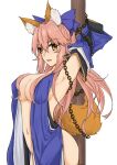  1girl animal_ear_fluff animal_ears armpits bare_shoulders blue_kimono blue_ribbon breasts chain chained cleavage detached_sleeves fate/grand_order fate_(series) fox_ears fox_girl fox_tail hair_ribbon highres japanese_clothes kimono large_breasts long_hair looking_at_viewer navel open_mouth panties pink_hair pink_panties ribbon simple_background solo tail tamamo_(fate) tamamo_no_mae_(fate/extra) underwear very_long_hair white_background yellow_eyes ystrann 