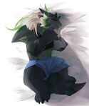  ammo_niboshi anthro bed black_body boxers_(clothing) claws clothing dragon eyes_closed furniture hair hi_res horn lifewonders live_a_hero male phein shirtless short_stack sleeping solo underwear white_hair 