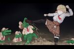  1girl alligator_kick_(meme) blonde_hair feelsgoodmmm fighting_stance hair_ornament highres hololive hololive_english in_the_face investigator_(amelia_watson) kicking meme necktie plaid plaid_skirt shirt short_hair skirt thighhighs virtual_youtuber watson_amelia wetland white_shirt 