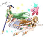  2girls absurdres arm_armor armor armpits bare_shoulders barrel black_gloves blonde_hair breasts commentary detached_sleeves dress english_commentary from_side full_body gloves gold_trim green_eyes green_hair hand_up high_heels highres holding holding_staff justin_yamagiwa kirby kirby_(series) legs long_hair looking_at_viewer medium_breasts midair miniskirt multiple_girls mythra_(xenoblade) palutena parted_lips side_slit sidelocks signature single_thighhigh skirt sleeveless smile staff super_smash_bros. swept_bangs thighhighs thighs tiara v-shaped_eyebrows very_long_hair white_background white_dress white_footwear white_skirt white_thighhighs xenoblade_chronicles_(series) xenoblade_chronicles_2 