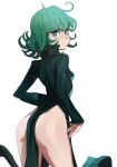  1girl ass breasts closed_mouth collared_dress dress green_dress green_eyes green_hair highres long_sleeves looking_at_viewer looking_back medium_hair one-punch_man sho-n-d simple_background small_breasts solo tatsumaki white_background 