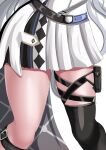  1girl absurdres belt drie grey_hair head_out_of_frame highres hololive hololive_indonesia long_hair pleated_skirt shiny_skin single_thighhigh skirt thigh_focus thigh_pouch thigh_strap thighhighs thighs vestia_zeta virtual_youtuber 