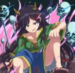  1girl aura baggy_clothes baggy_pants baggy_shorts barefoot_sandals black_hair blue_shorts flip-flops green_shirt grin gurina_15 highres horns kneehighs long_hair looking_at_viewer nippaku_zanmu oni oni_horns pants sandals shirt shorts single_kneehigh single_sock skull smile smug socks solo string string_of_fate touhou unfinished_dream_of_all_living_ghost very_long_hair yellow_horns 