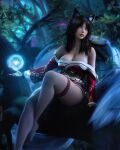  3d ahri_(league_of_legends) animal_ears bare_legs black_hair blender_(medium) breasts cleavage dress energy_ball facial_mark forest fox_ears fox_girl fox_tail highres korean_clothes kumiho large_breasts league_of_legends lips low_neckline medium_hair multiple_tails nature off_shoulder red_dress sitting tail thigh_strap whisker_markings yellow_eyes zoh 