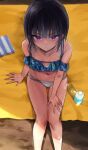  1girl arm_support bikini black_hair blunt_bangs blush bottle collarbone feet_out_of_frame flat_chest frilled_bikini frills from_above frown futou_ryouko groin hand_on_own_thigh idolmaster idolmaster_cinderella_girls looking_at_viewer mat mismatched_bikini multi-strapped_bikini navel purple_eyes shade shirayuki_chiyo solo swimsuit v-shaped_eyebrows water_bottle 